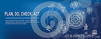 Plan Do Check Act Business Strategy - Procedure for Continuous Improvement Icon Set and Web Header Banner Vector Illustration