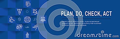 Plan Do Check Act Business Strategy - Procedure for Continuous Improvement Icon Set and Web Header Banner Vector Illustration