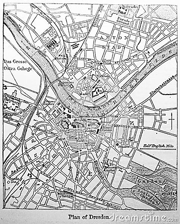 Plan of Dresden in the old book The Encyclopaedia Britannica, vol. 7, by C. Blake, 1877, Edinburgh Editorial Stock Photo