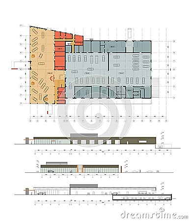 The plan and facade of the auto centre Vector Illustration