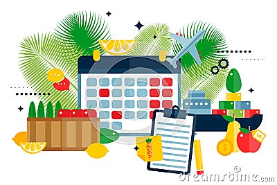 Plan import fruits icons vector illustration, product transportation by plane or ship. Mark sending day apples, pears Vector Illustration