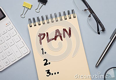 Plan list word on notebook. Inscription, flat lay Stock Photo