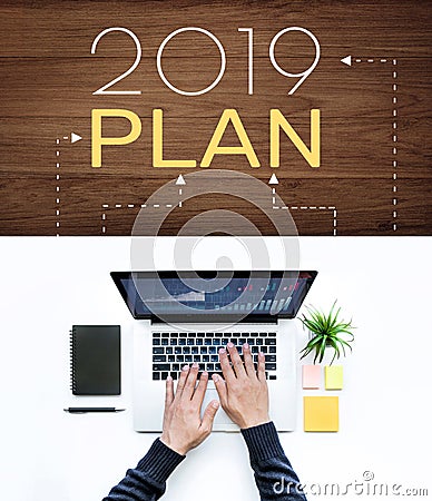2019 plan with male using computer laptop. Stock Photo