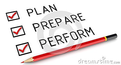 Plan, prepare, perform. List with the marks Stock Photo