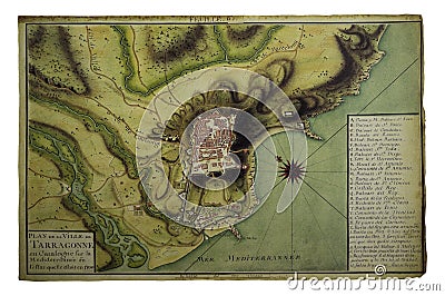 Plan of Tarragona City, Catalonia, Spain, 1700 Editorial Stock Photo