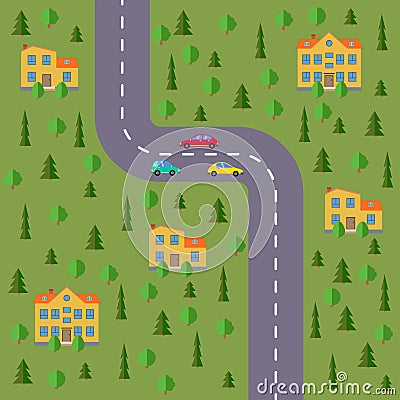 Plan of village. Landscape with the road Vector Illustration