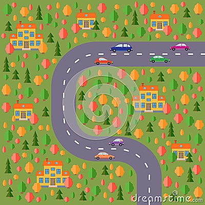 Plan of village. Landscape with the road, forest, cars and houses. Vector Illustration