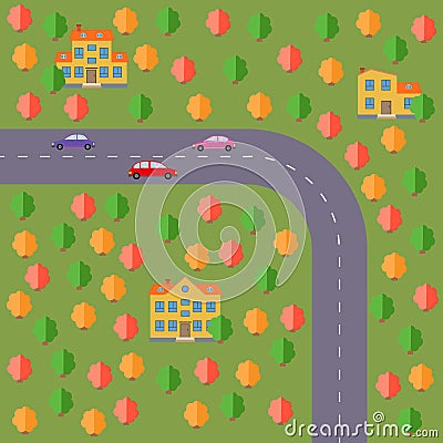 Plan of village. Landscape with the road, forest, cars and houses. Vector Illustration