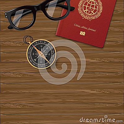 Plan your travel, passport, compass, glasses Cartoon Illustration
