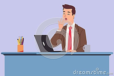 Yawning at work and suited person yawning at office with working at workplace in laptop for dizziness and snap at work Vector Illustration