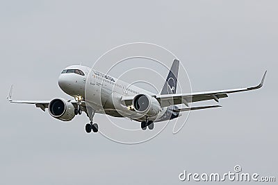 Plane Airbus A320 neo Lufthansa Airlines landing at London Heathrow Airport Editorial Stock Photo