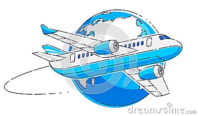 Plane airliner with earth planet, airlines air travel emblem or illustration. Beautiful thin line vector isolated over white Vector Illustration