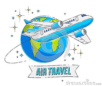 Plane airliner with earth planet and ribbon with typing, airlines air travel emblem or illustration. Beautiful thin line vector Vector Illustration