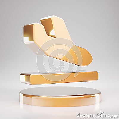 Plane Arrival icon. Yellow Gold Plane Arrival symbol on golden podium Stock Photo