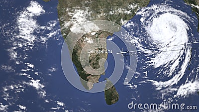 Route of a commercial plane flying to Bengaluru, India on the map, 3D rendering Stock Photo