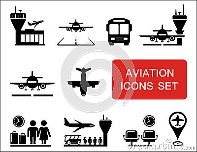 Plane and aviation icons with red signboard Vector Illustration