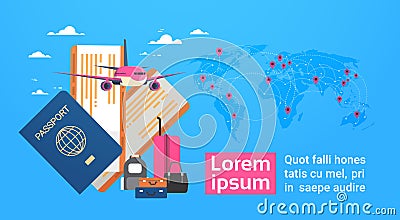 Plane, Boarding Passport And Tickets With Baggage Over World Map Background, Travel Banner With Copy Space Vector Illustration