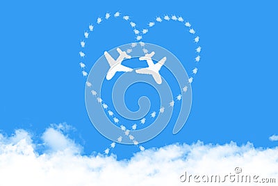 Plane on cloud shaped business concept, partnership as heart airplane line path connected together shaped as feeling of teamwork Stock Photo