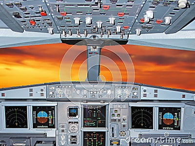 Plane cockpit during dusk Stock Photo