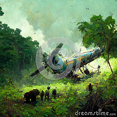 Plane crash in green forest digital art oil painting Cartoon Illustration