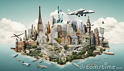 earth travel city globe global concept europa plane map illustration. Generative AI. Cartoon Illustration