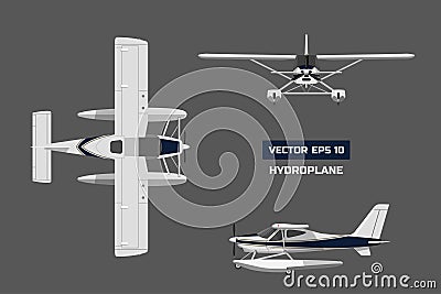 Plane in a flat style on a gray background. Cargo aircraft. Industrial drawing of hydroplane. Top, front and side view Vector Illustration