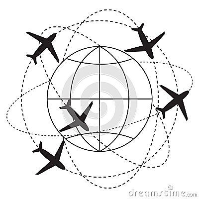 the plane flies along a trajectory. Planet earth with planes around. Vector Illustration