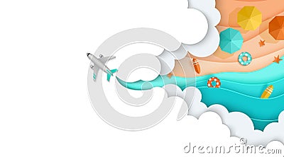 Plane flies through the clouds, see, beach, sea, sand, Layered, landing page Vector Illustration
