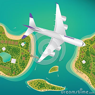 Plane flies over a few tropical islands Vector Illustration