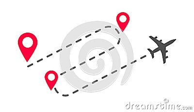 Plane flight way path trace with arrival pin pointer markers or track airplane route destination vector flat cartoon Vector Illustration