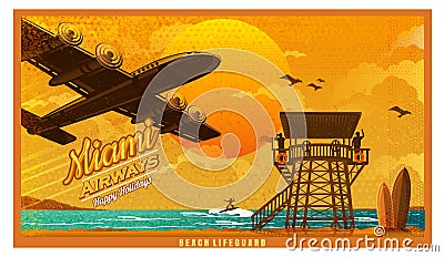 Plane fly over the tropical island with palms and bungalow, in sunset, against the sun, view from the bottom. Vector vintage Vector Illustration