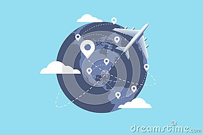 Plane flying around the world. Travel planning. travel concept. Vector Illustration