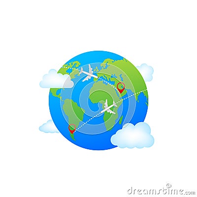 Plane flying around the world. Vector stock illustration Vector Illustration