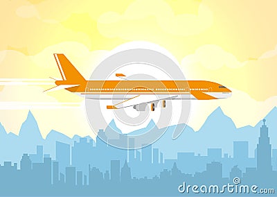 Plane flying over urban city Vector Illustration