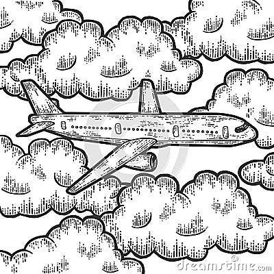 Plane is flying in thick clouds. Sketch scratch board imitation. Cartoon Illustration