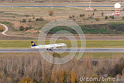 Plane of the German company Lufthansa taking off from Adolfo Suarez Madrid Barajas airport Editorial Stock Photo