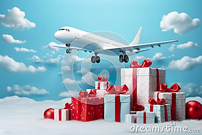 Plane, gift boxes, Holidays Gift concept Christmas, Valentines day Stock Photo