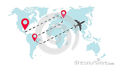 Plane global world map flight way path trace with arrival pin pointer markers or track airplane worldwide route Vector Illustration