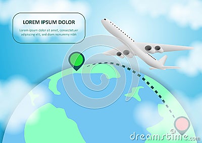 Plane and globe. Aircraft flying around Earth planet with continents and oceans. Vector illustration. Flight plane, world travel Stock Photo