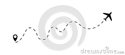 The plane icon follow from start pin point to finish by dashed line. Airplane dashed line path flat style design Vector Illustration