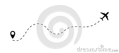 The plane icon follow from start pin point to finish by dashed line. Airplane dashed line path flat style design Vector Illustration