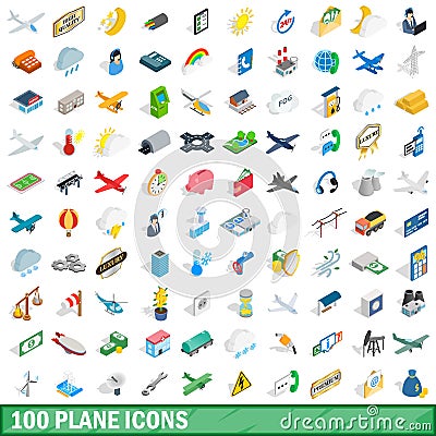 100 plane icons set, isometric 3d style Vector Illustration