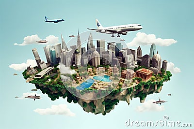 plane illustration global city map concept globe travel earth europa. Generative AI. Cartoon Illustration