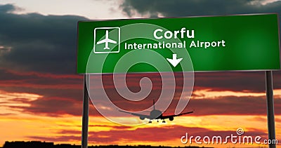 Plane landing in Corfu Greece airport with signboard Cartoon Illustration