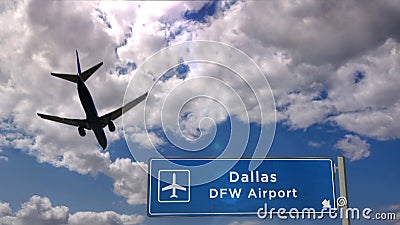 Plane landing in Dallas DFW with signboard Cartoon Illustration