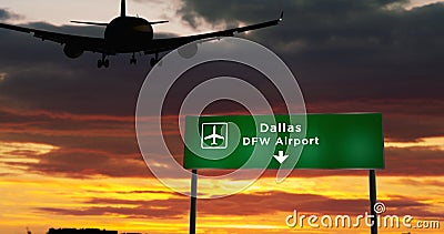 Plane landing in Dallas DFW with signboard Cartoon Illustration
