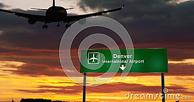 Plane landing in Denver with signboard Cartoon Illustration