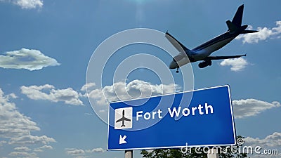 Plane landing in Fort Worth, Dallas Texas, USA airport with signboard Cartoon Illustration