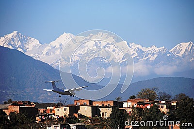 Plane Landing in Kathmandu Stock Photo