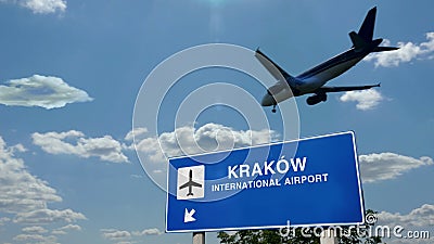 Plane landing in Krakow, Cracow Poland airport with signboard Cartoon Illustration